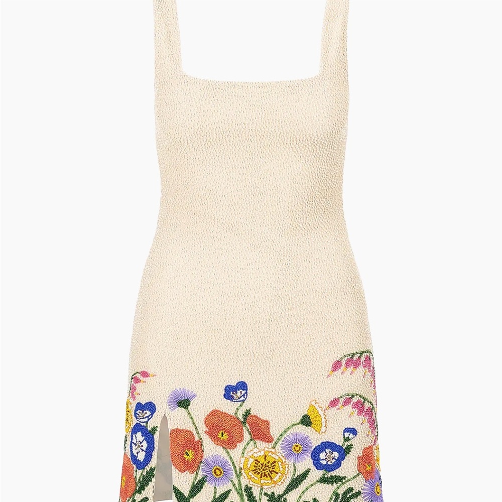 STAUD Le sable Cream Mini Dress with Floral Embroidery